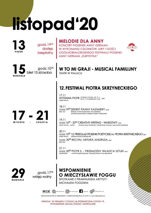 Kalendarium imprez Miejskiego Domu Kultury - listopad 2020