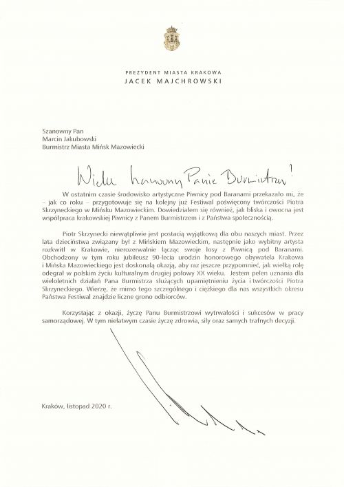 list prezydenta Krakowa do burmistrza Mińska Mazowieckiego
