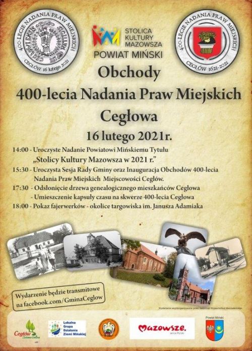 plakat informujący o obchodach 400-lecia nadania praw miejskich Cegłowa, historyczne zdjęcia, kalendarium wydarzeń