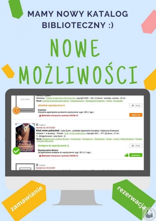 Plakat - nowy katalog biblioteczny, nowe możliwości w Miejskiej Bibliotece Publicznej