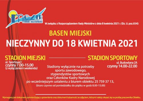 Informacja o pracy obiektów sportowych MOSiR do 18.04.2021