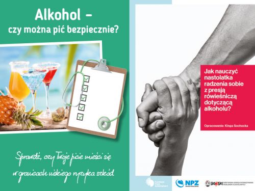 Treść plakatu: Alkohol – czy można pić bezpiecznie? Sprawdź, czy Twoje picie mieści się w granicach niskiego ryzyka szkód...
