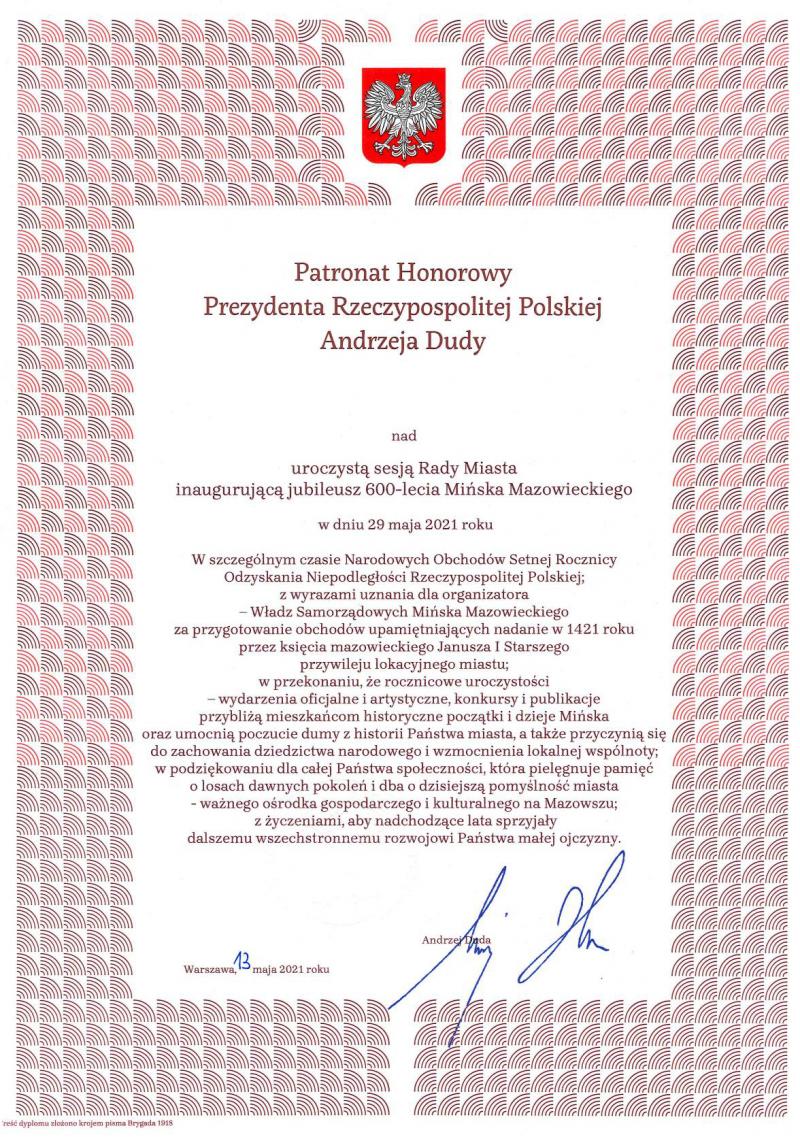 List gratulacyjny - Prezydent Andrzej Duda