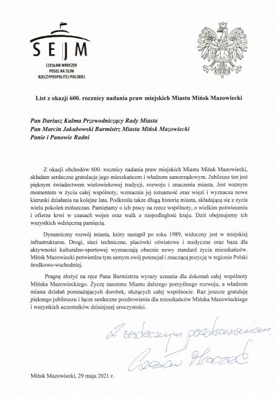 List gratulacyjny - Czesław Mroczek
