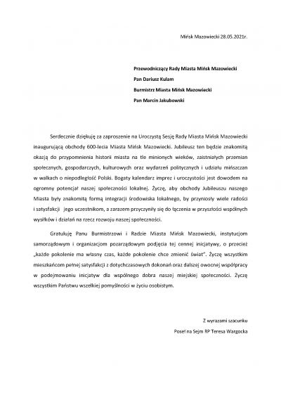 List gratulacyjny - Teresa Wargocka