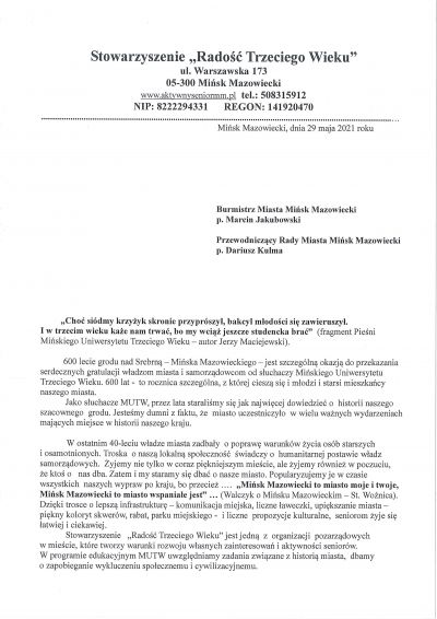 List gratulacyjny - Stowarzyszenie Radość Trzeciego Wieku 1