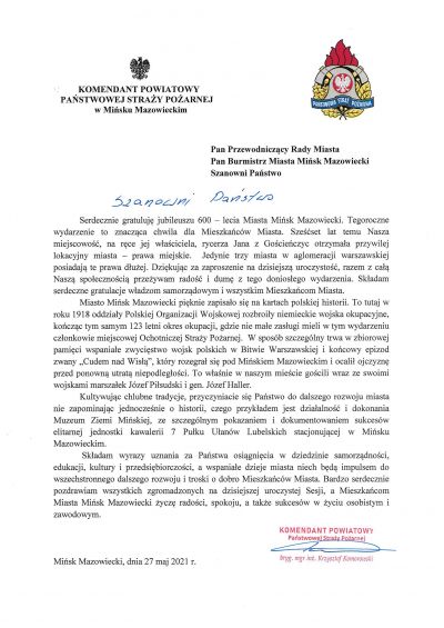 List gratulacyjny - Komendant Powiatowy Państwowej Straży Pożarnej