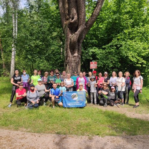 Grupowe zdjęcie miłośników Nordic Walking pod najstarszą sosną na Mazowszu. Okolice Mińska mazowieckiego.