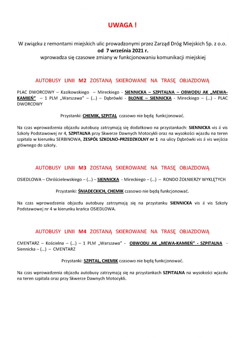 Czasowe zmiany w funkcjonowaniu komunikacji miejskiej od 7 września