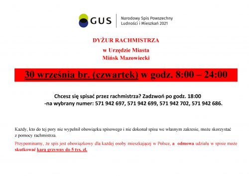 DYŻUR RACHMISTRZA w Urzędzie Miasta Mińsk Mazowiecki 30 września br. (czwartek) w godz. 8:00 – 24:00