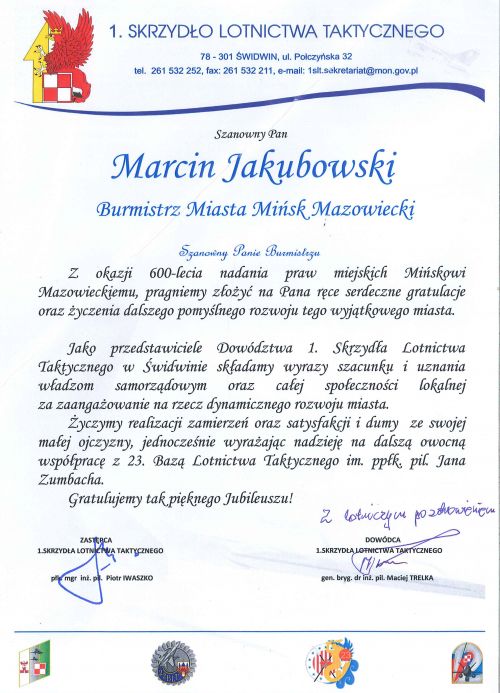 Gratulacje z 1. Skrzydła Lotnictwa Taktycznego