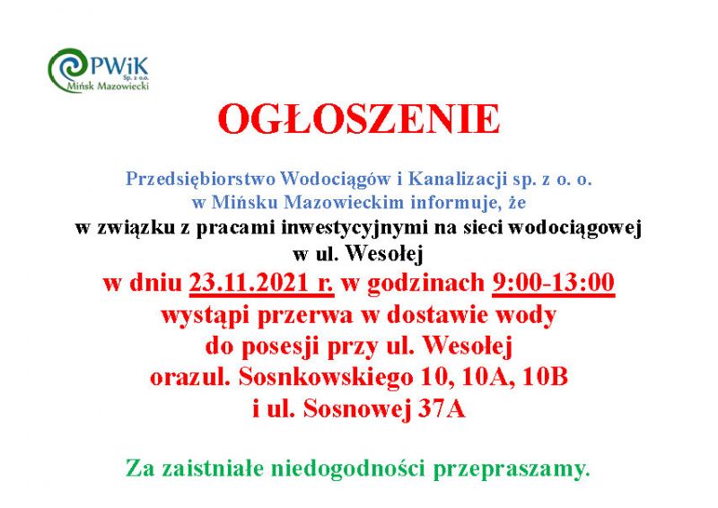 Przerwa w dostawie wody - ogłoszenie