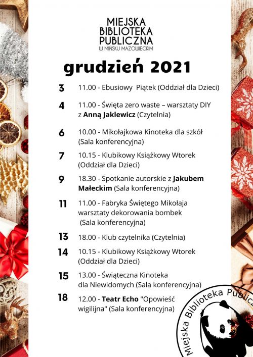 Harmonogram imprez Miejskiej Biblioteki Publicznej w grudniu 2021.