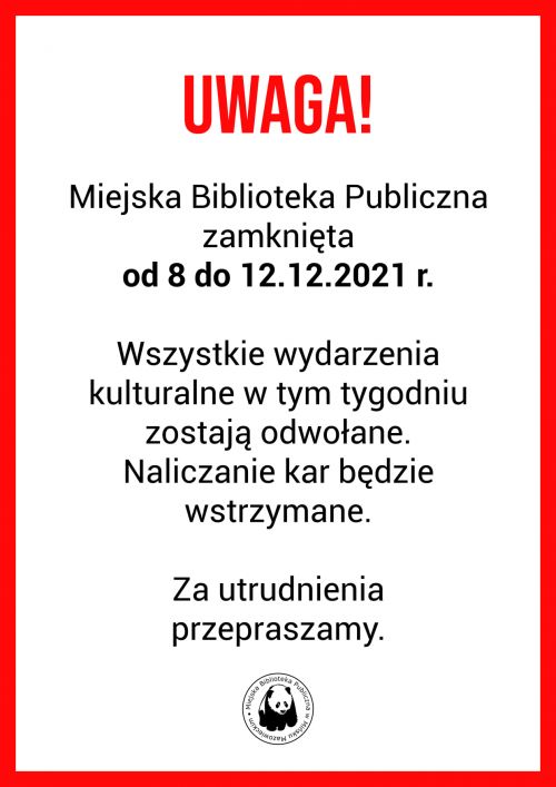 Biblioteka będzie zamknięta od 8 do 12 grudnia. Zachęcamy do korzystania z książkomatu.