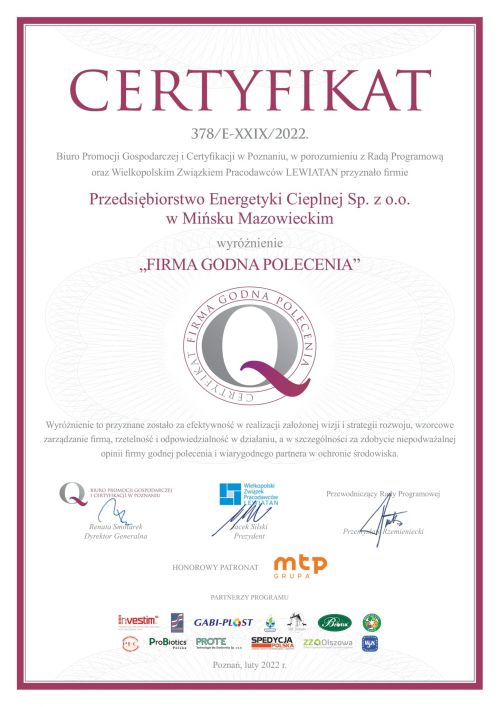 Certyfikat „FIRMA GODNA POLECENIA”