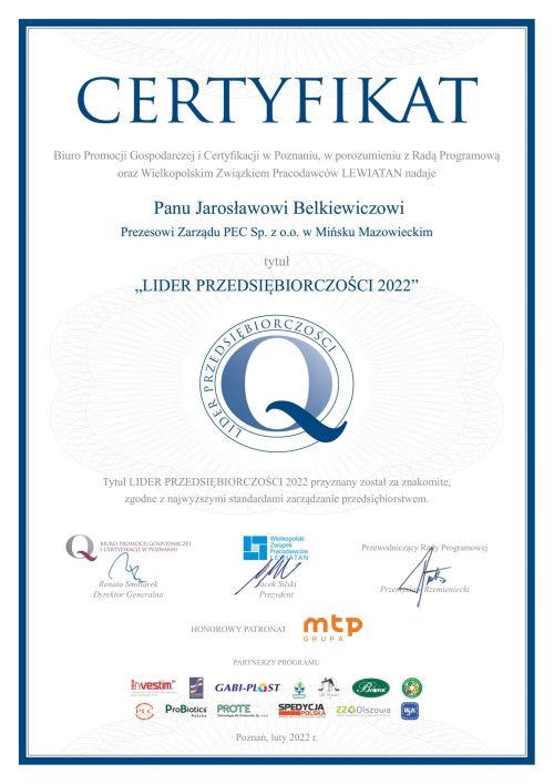 Certyfikat „LIDER PRZEDSIĘBIORCZOŚCI”