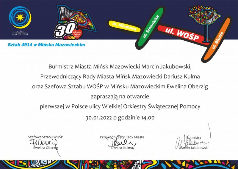 14:00 - Otwarcie ulicy Wielkiej Orkiestry Świątecznej Pomocy (łącznik ul. Siennickiej z ul. Błonie)