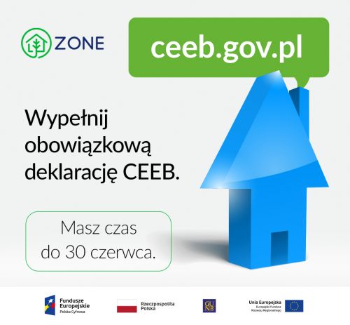 Na szarym tle informacje. Po prawej neibieska konstrukcja domku