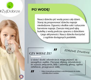 Na szarym tle informacje. po lewej dziecko pije wodę ze szklanki