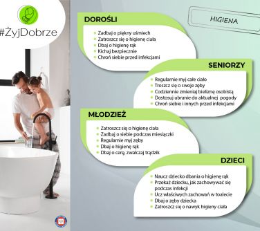 Na szarym tle informacje. Po lewej mężczyzna trzyma na rękach dziecko. Nalewa wody do wanny