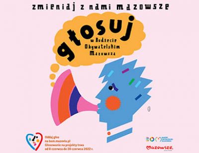 Na jasno-różowym tle rysunek głowy z napisem głosuj