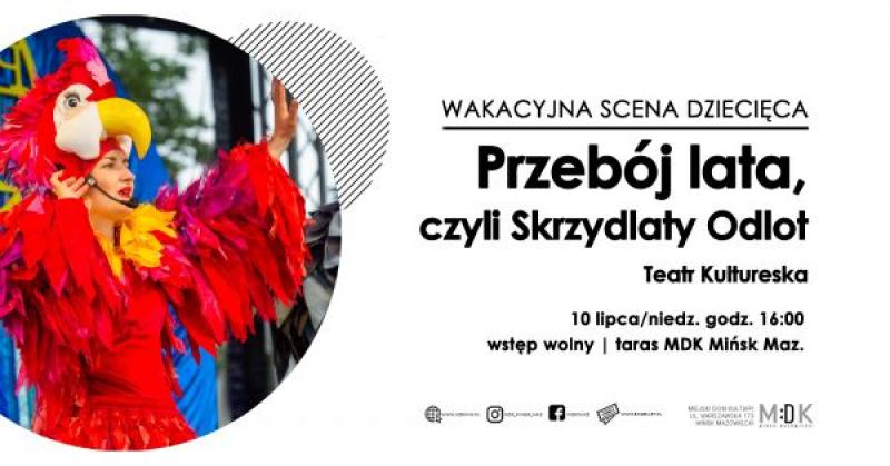 po lewej stronie w kole Pani z mikrofonem nausznym ubrana w czerwone pióra, po prawej stronie informacje dotyczące wydarzenia