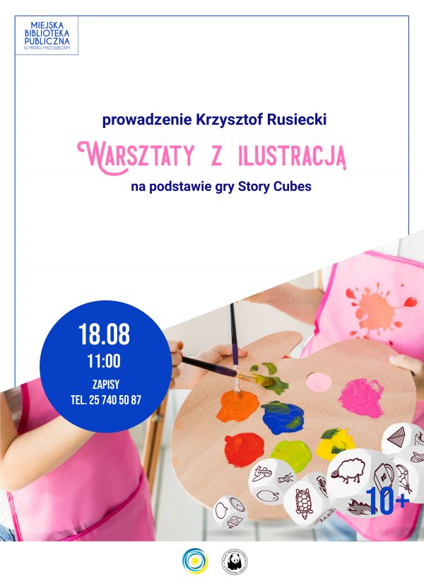 plakat promujący wydarzenie na górze informacje, na dole paleta farb i kostki