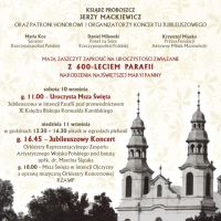 Plakat z informacjami o wydarzeniach w ramach 600-lecia Parafii NNMP; napis i czarno-biały rysunek kościoła