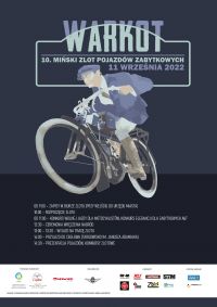 Plakat z napisem WARKOT 10. Miński zlot Pojazdów Zabytkowych 11 września 2022; grafika mężczyzna na rowerze, na dole...