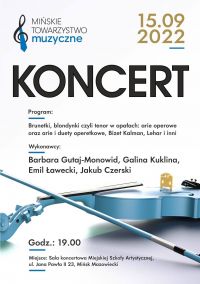 Duzy napis koncert; podane szczegóły programu; obrazek leżących skrzypiec