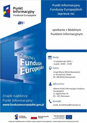 plakat promujący spotkanie, napis: Punkt Informacyjny Funduszy Europejskich zaprasza na spotkanie z Mobilnym Punktem...