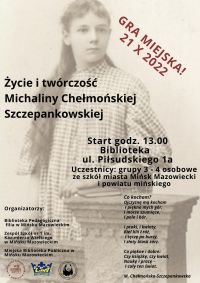 W tle plakatu sylwetka młodej kobiety, ubranej w sukienkę w kratkę, długie włosy; info o grze miejskiej