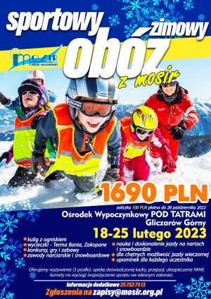 napis: "sportowy obóz zimowy, 18-25 lutego 2023 r." poniżej zdjęcie wspinających się dzieci. Napis:" Informacje dodatkowe...