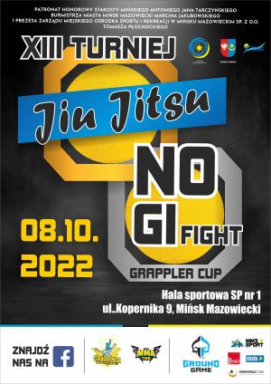 napis na kolorowym tle: "XIII Turniej NO GI Fight Grappler Cup 8 października (sobota) hala sportowa SP 1, ul. Kopernika 9"