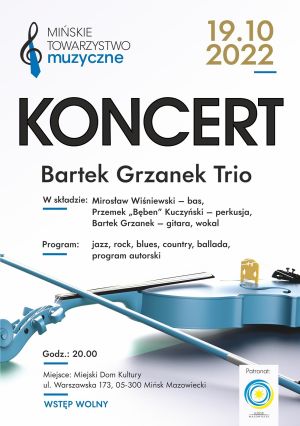 napis głowny: "koncert Bartek Grzanek Trio, godz. 20.00, MDK"