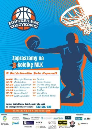 w tle sylwetka koszykarza, napis:"Zapraszamy na drugą kolejkę MLK", poniżej harmonogram meczów