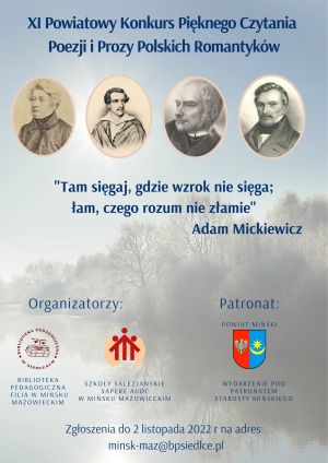 plakat z nazwą konkursu i cytatem "Tam sięgaj gdzie wzrok nie sięga, łam czego rozum nie złamie..." oraz portretami...
