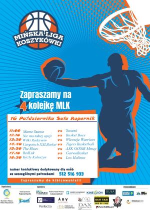 w tle sylwetka koszykarza, napis:"Zapraszamy na czwatrą kolejkę MLK", poniżej harmonogram meczów