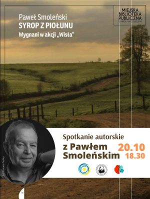 na tle krajobrazu napis "spotkanie autorskie z Pawłem Smoleńskim, 20.10 g. 18.30"