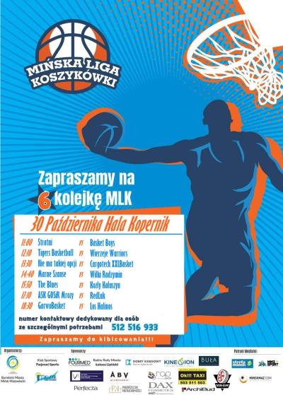 w tle sylwetka koszykarza, napis:"Zapraszamy na szóstą kolejkę MLK", poniżej harmonogram meczów