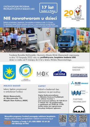 plakat z napisem "Nie nowotworom u dzieci" i szczegółami projektu