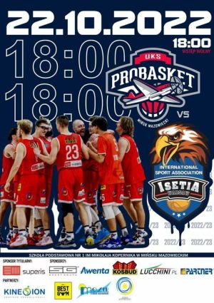 zdjęcie drużyny koszykówki, data: 22.10.2022, godz. 18.00, logotypy występujacych drużyn