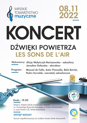 napis głowny: koncert Dźwięki powietrza w tle skrzypce na białym tle