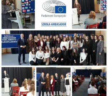kolaż zdjęć, w środku napis PArlament Europejski, szkoła ambasador