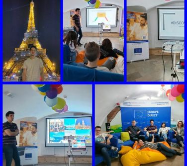 kolaż zdjęć ze spotkania z ambasadorem DiscoverEU