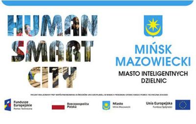 logo projektu: napis Human Smart Cities Mińsk Mazowecki Miasto Inteligentnych Dzielnic