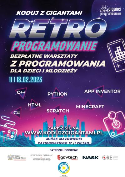 Plakat z głównym tytułem na górze po środku retro programowanie
