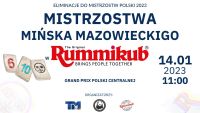 Plakat z głównym tytułem na górze po środku Eliminacje do Mistrzostw Mińska Mazowieckiego w Rummikub