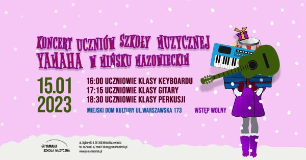 plakat na różowym tle, po środku informacje o wydarzeniu, po prawej stronie instrumenty nałóżóne na siebie w różnej...