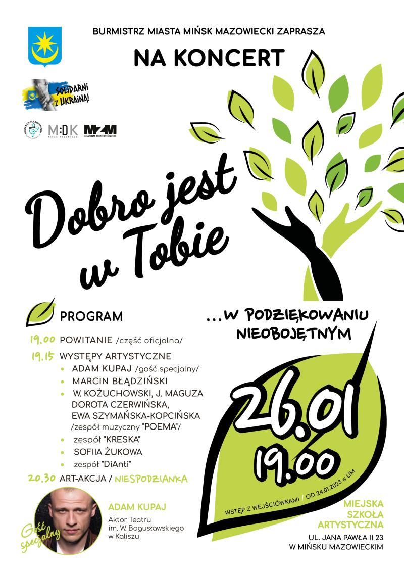 plakat z głównym tytułem Dobro jest w Tobie, po lewej stronie ręcę złączone w kształcie drzewa na górze liście, poniżej...
